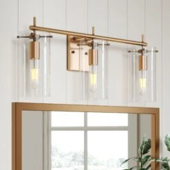 Glass Shade Bathroom Vanity Light Brass