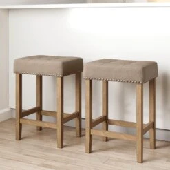Set Of 2 Tufted Wood Bar Stools Brown Flax
