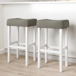 Set Of 2 Upholstered Bar Stools White Gray