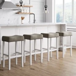 Set Of 4 Upholstered Bar Stools White Gray