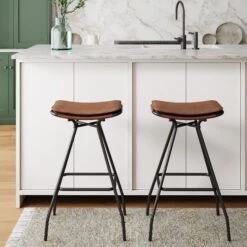 Set Of 2 Faux Leather Bar Height Bar Stools