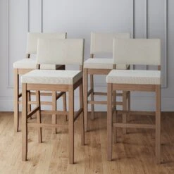 Set Of 4 Wood Upholstered Bar Stools Light Brown