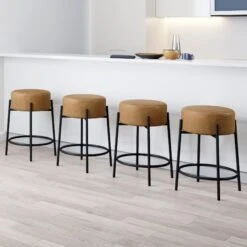 Set Of 4 Faux Leather Backless Bar Stools
