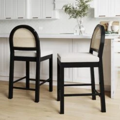 Boucle & Rattan Bar Stool Black Set Of 2