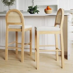 Set Of 2 Boucle Rattan Bar Height Stools Warm Pine