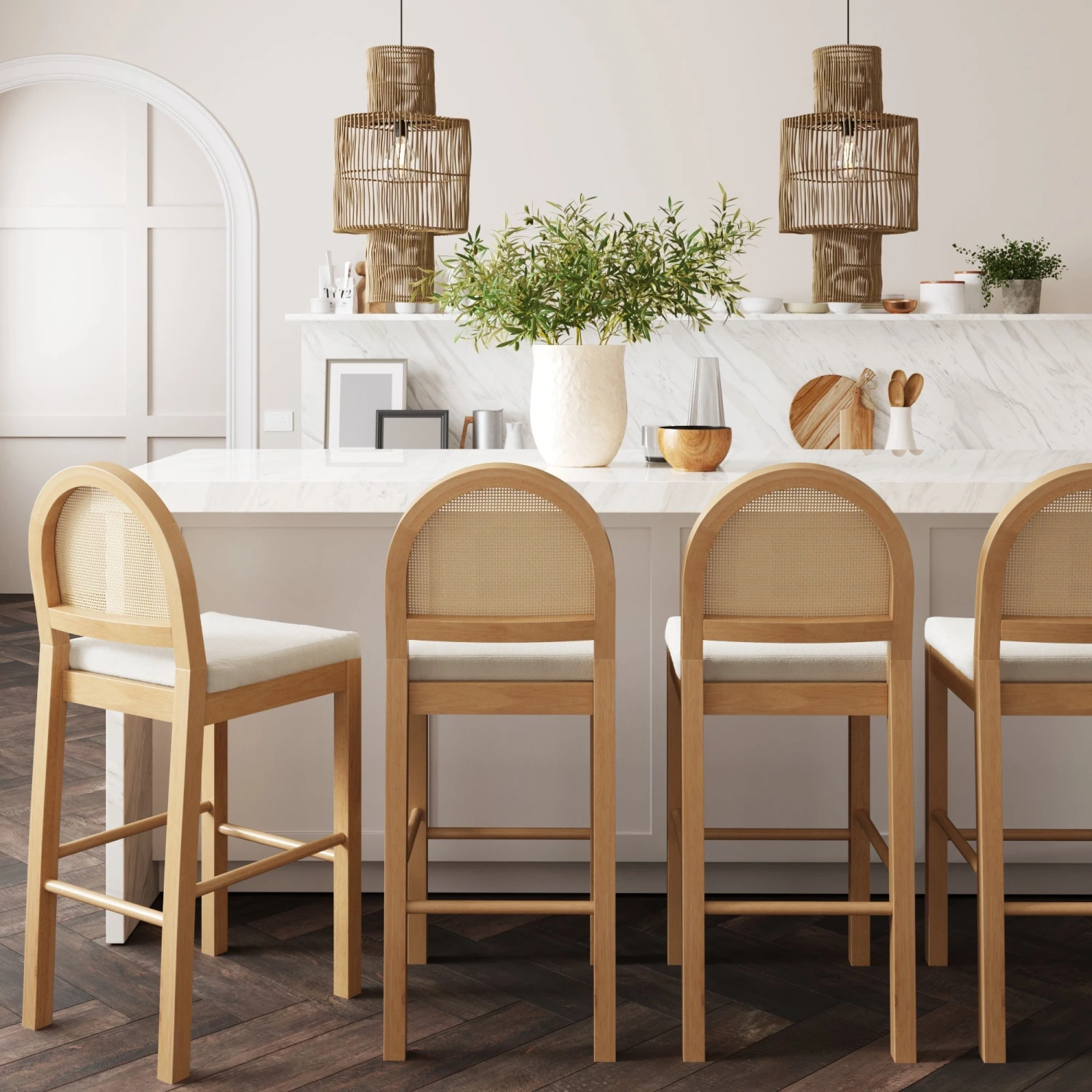 Set of 4 Boucle Rattan Bar Height Bar Stools Warm Pine Set Of 4 Boucle Rattan Bar Height Bar Stools Warm Pine -Nathan James 23220 4 LS