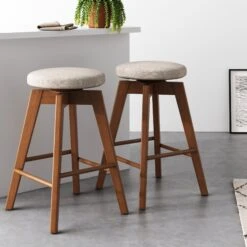 Set Of 2 Wood Swivel Counter Bar Stools Brown
