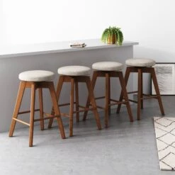 Set Of 4 Wood Swivel Counter Bar Stools Brown