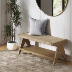 Wood & Seagrass Entryway Bench With Shelf