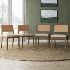 Set Of 4 Wood & Faux Leather Dining Chairs Light Brown