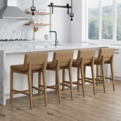Set Of 4 Faux Leather Counter Bar Stools Light Brown