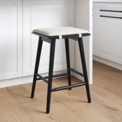 Wood & Boucle Counter Height Bar Stool Black
