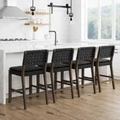 Set Of 4 Faux Leather Woven Bar Stools Black