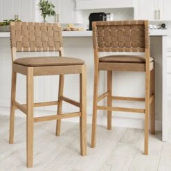 Set Of 2 Faux Leather Woven Bar Stools Brown