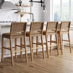 Set Of 4 Faux Leather Woven Bar Stools Brown