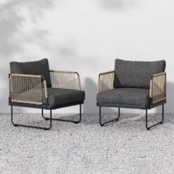 Set Of 2 Outdoor Cord Patio Arm Chairs Gray