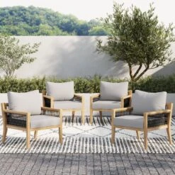 Set Of 4 Outdoor Wood Cushioned Patio Chairs