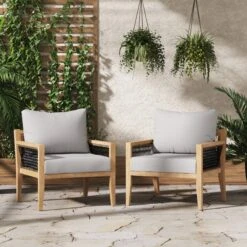 Set Of 2 Outdoor Wood Cushioned Patio Chairs