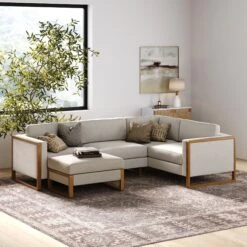 Modern Upholstered 4-Seat Sectional & Ottoman