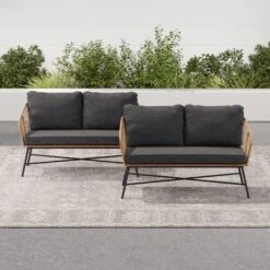 Set Of 2 Outdoor Wicker Loveseats Dark Gray