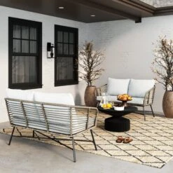 Set Of 2 Outdoor Wicker Loveseats Light Gray