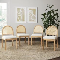 Boucle & Natural Rattan Dining Chair Set Of 4