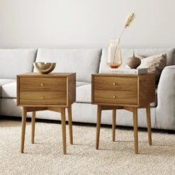 Wood Mid-Century Nightstands Acacia Set Of 2