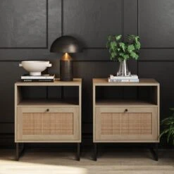 Rattan & Wood Storage Nightstands Oak