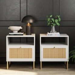 Rattan & Wood Nightstands White