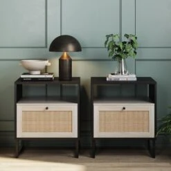 Rattan & Wood Nightstands Black