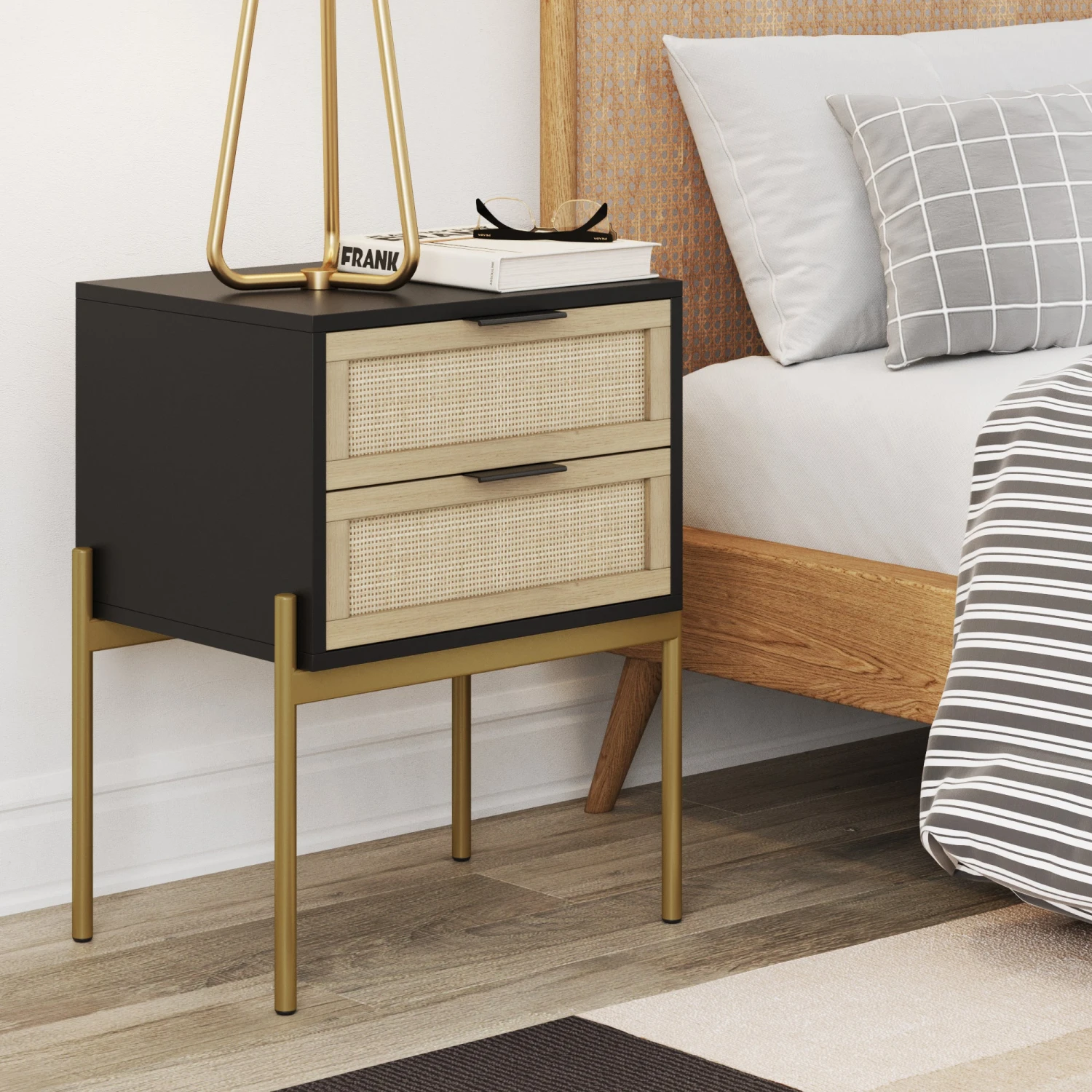 Wood & Rattan 2-Drawer Nightstand Black Wood & Rattan 2-Drawer Nightstand Black -Nathan James 33401 AndrewSideTable RoomDesign 16