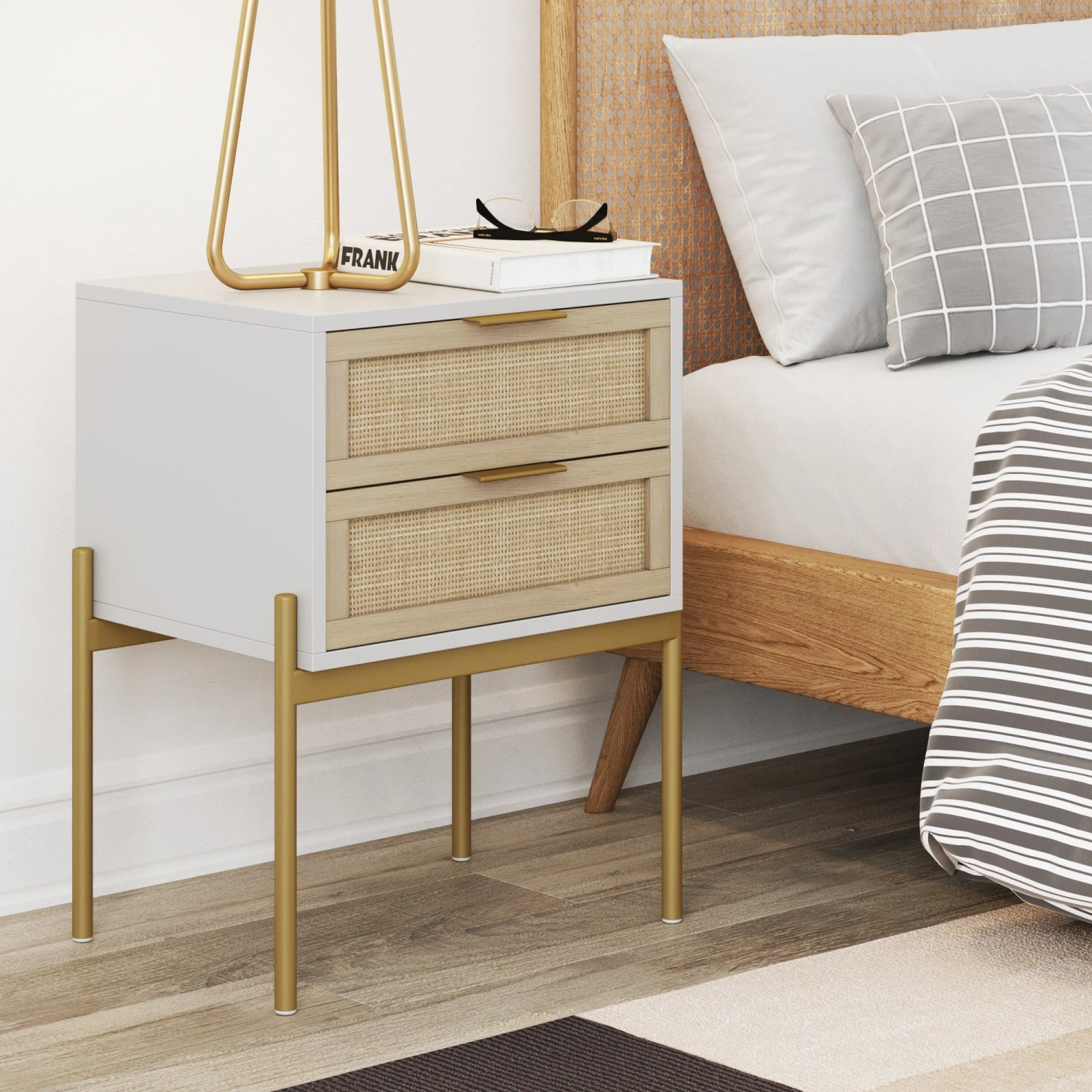 Wood & Rattan 2-Drawer Nightstand White Wood & Rattan 2-Drawer Nightstand White -Nathan James 33403 AndrewSideTable RoomDesign 15