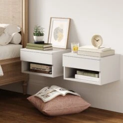 Floating Wood Nightstands White