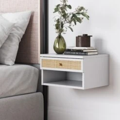 Rattan & Wood Floating Nightstand White
