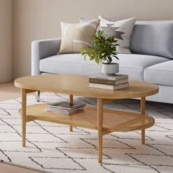 Wood & Rattan Oval Coffee Table