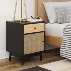 Rattan & Wood Closed Storage Nightstand