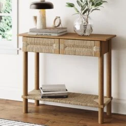 Boho Seagrass & Wood Console Sofa Table