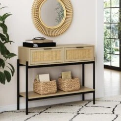 Rattan & Metal 2-Drawer Console Sofa Table