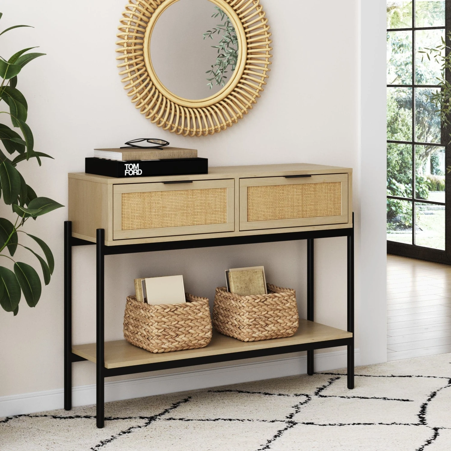 Rattan & Metal 2-Drawer Console Sofa Table Rattan & Metal 2-Drawer Console Sofa Table -Nathan James 37706 HERO
