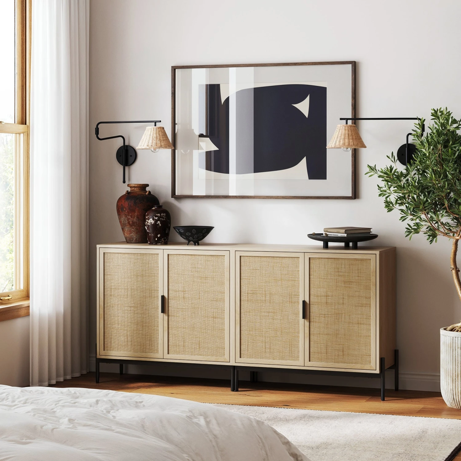 Boho Rattan & Wood Storage Cabinet Light Oak Boho Rattan & Wood Storage Cabinet Light Oak -Nathan James 37806 LS