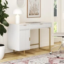 Wood Fluted Storage Vanity Desk