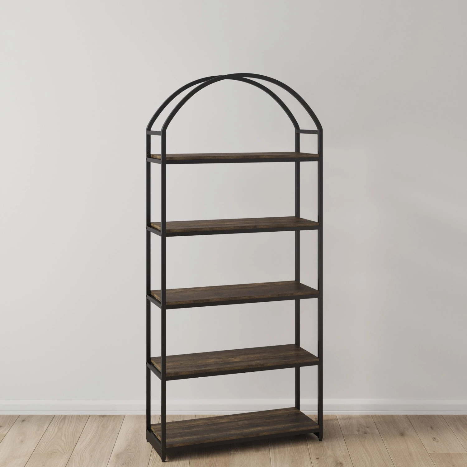 Wood & Metal 5-Shelf Arch Bookshelf Black Wood & Metal 5-Shelf Arch Bookshelf Black -Nathan James 64002 HERO DTC