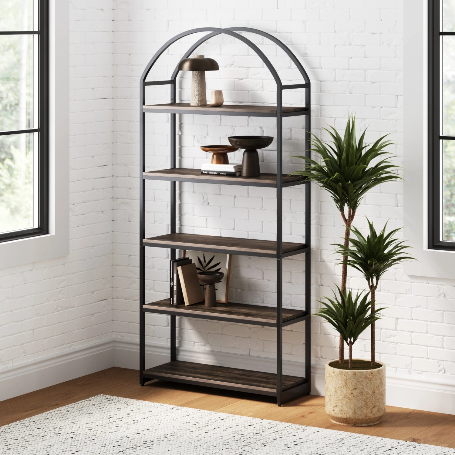 Wood & Metal 5-Shelf Arch Bookshelf Black Wood & Metal 5-Shelf Arch Bookshelf Black -Nathan James 64002 HERO ae531057 b60d 425d 8f39 7765ffe08980
