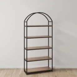 Wood & Metal 5-Shelf Arch Bookshelf Oak