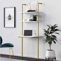 Wood Wall Mount Ladder 2-Shelf Desk White