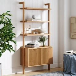 Wood Fluted Storage Bookshelf Warm Pine
