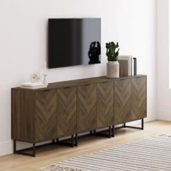 Wood Herringbone TV Cabinet Walnut