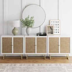 Wood & Rattan TV Cabinet White