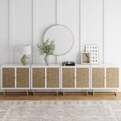 Wood & Rattan Large Console Table White