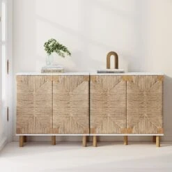 Wood & Seagrass Console Table White